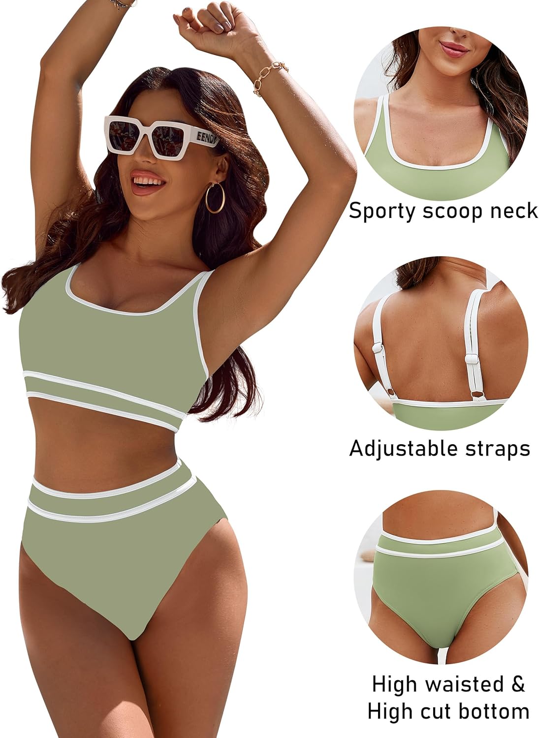 BMJL Women's High Waisted Bikini Sets Sporty Two Piece Swimsuits Color Block Cheeky High Cut Bathing Suits - Image 3