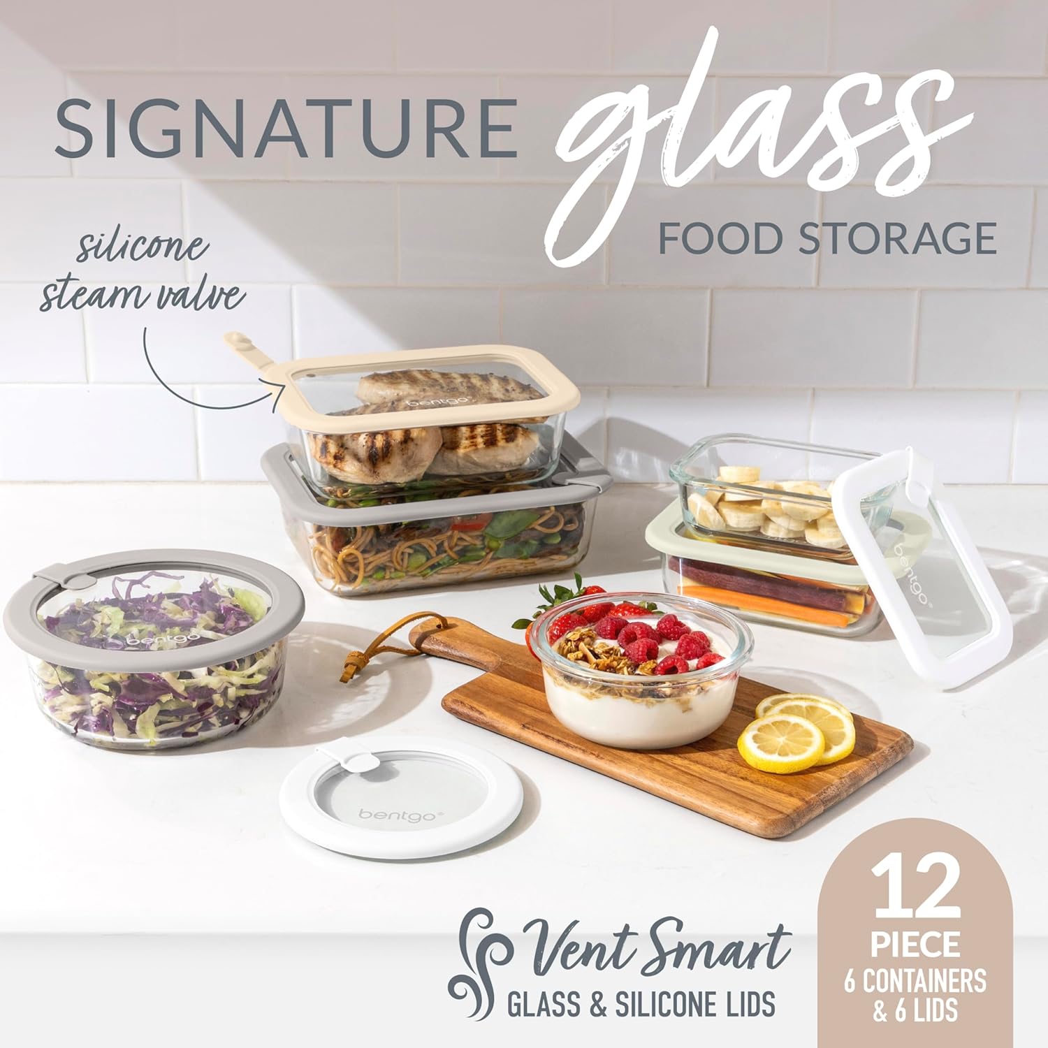 Bentgo Signature Leak-Proof Glass Food Storage - 12-Piece Set, 1-Compartment Plastic-Free Containers with Airtight Glass Lids, BPA-Free, Microwave, Freezer, Oven & Dishwasher Safe (White Stone) - Image 3