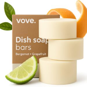 Vove Dish Soap Bar 3 Pack, Bergamot & Grapefruit Essential Oils, Plant-Based Solid Dish Soap, Coconut Oil & Baking Soda, Zero-Waste Plastic-Free, FSC-Certified Kraft Packaging