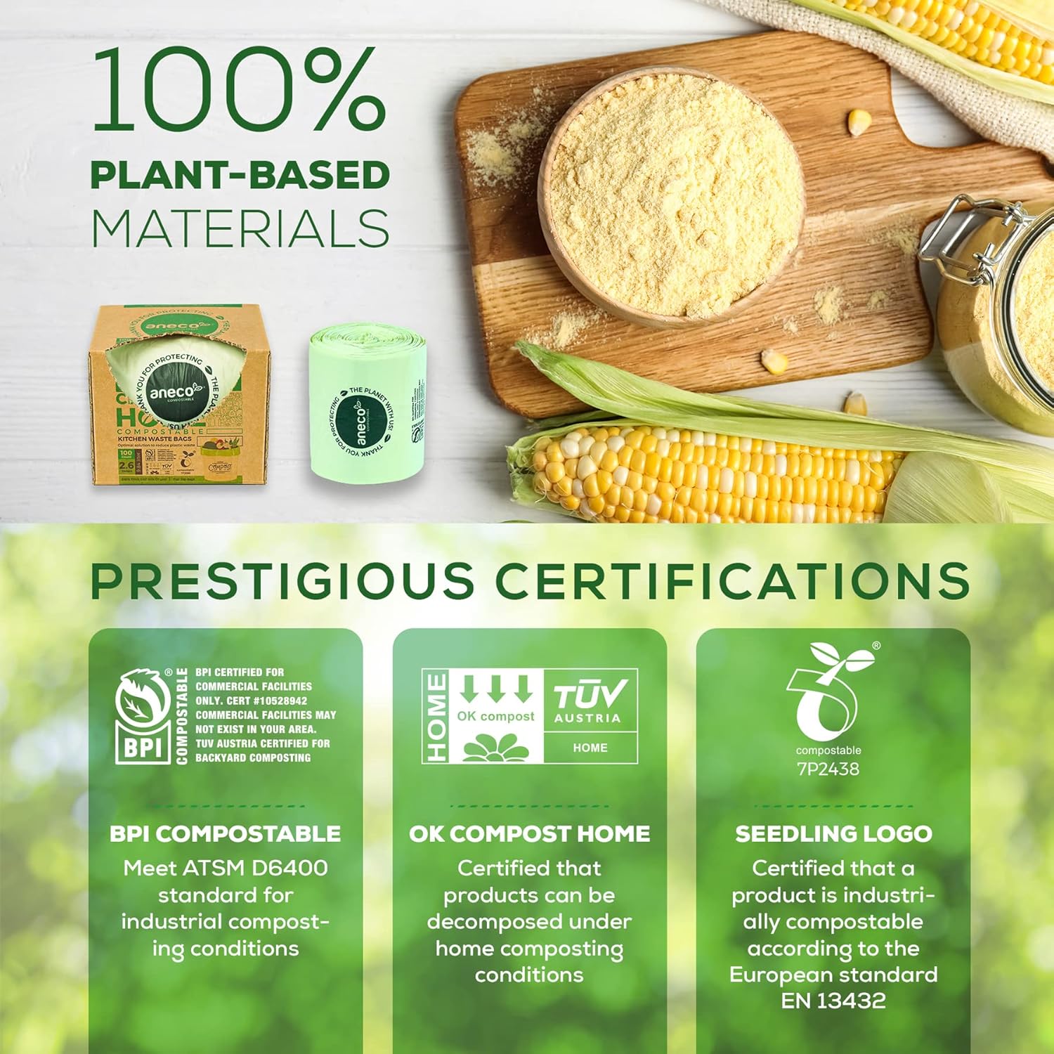 ANECO 100% Compostable Waste Bags 2.6 Gallon, Extra Thick Kitchen Small Compost Bags for Countertop Bin (100 Count) - Image 4