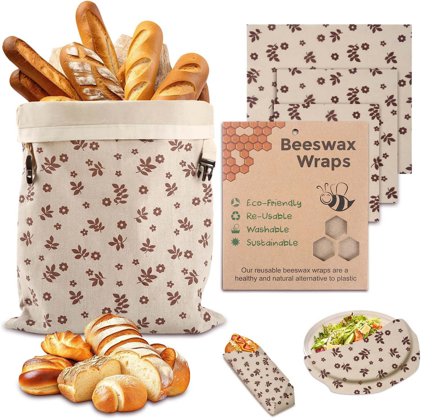 Reusable Beeswax Bread Bags&Beeswax Wraps for Food, Organic Bread bags Reusable to Keep Fresh,Sustainable, Biodegradable Homemade Washable Food Wraps, Must-Have Baking Accessories - Image 2