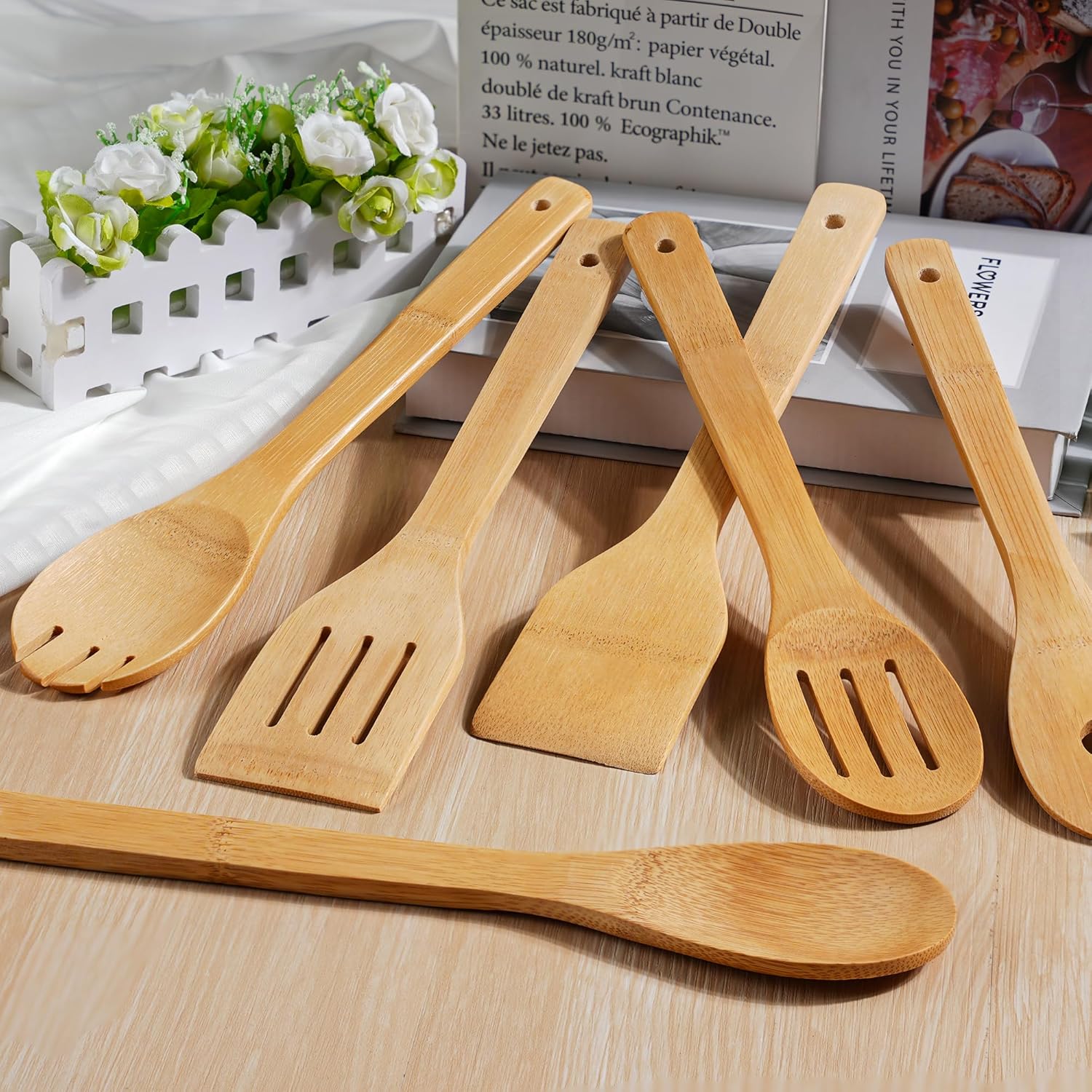 IOOLEEM Bamboo Wooden Spoons for Cooking 6 Pcs 12 Inch, Non-Stick Wooden Kitchen Utensils Set, Natural and Durable Wooden Spatula Spoons for Non-Stick Pan for Cooking - Image 3