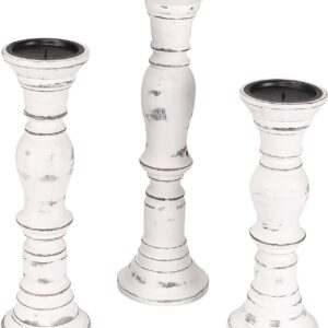 Candle Stands Wooden for Pillar Candles,Rounded Turned Colums, Sustainable Woods, Country Style, Idle for Reiki, Aromatherapy, Votive Candle Garden Home décor – 16,14,12 Inch Set of 3 – White Antique
