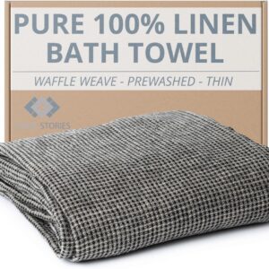 Pure 100% Linen Bath Towel – Quick Dry Towels for Travel Lightweight Waffle Towels for Bathroom 30 x 60-inch – Luxury Black-Natural Thin Hair Towel for Gym or Sauna – Sustainable Bath Sheet