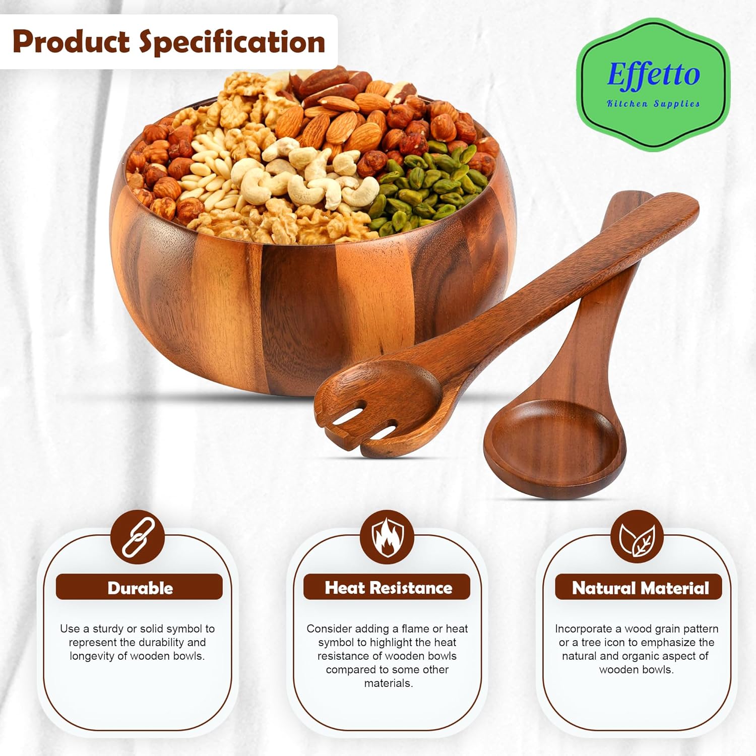 Effetto Acacia 3-Piece Wooden Salad Bowl Set | Large Serving Bowl with Salad Spoon and Fork Serving Utensils | Food Safe & Sustainable Big Mixing Bowl for Fruits, Salad, Cereal, Soup and More - Image 3