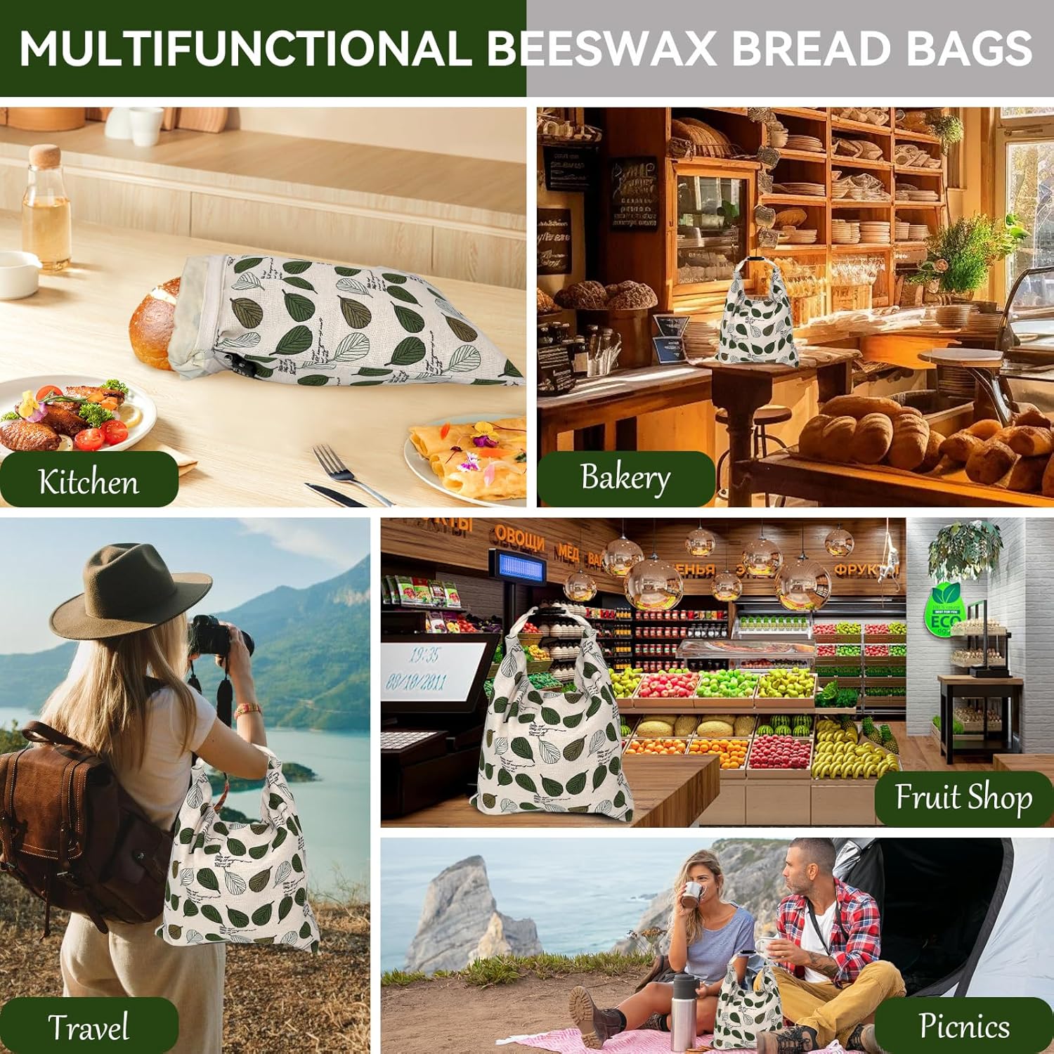 Beeswax Bread Bags for Homemade Sourdough, Sourdough Bread Bag with Zipper, 2 Pack Cotton Large Food Storage Bags to Keep Fresh - Image 8