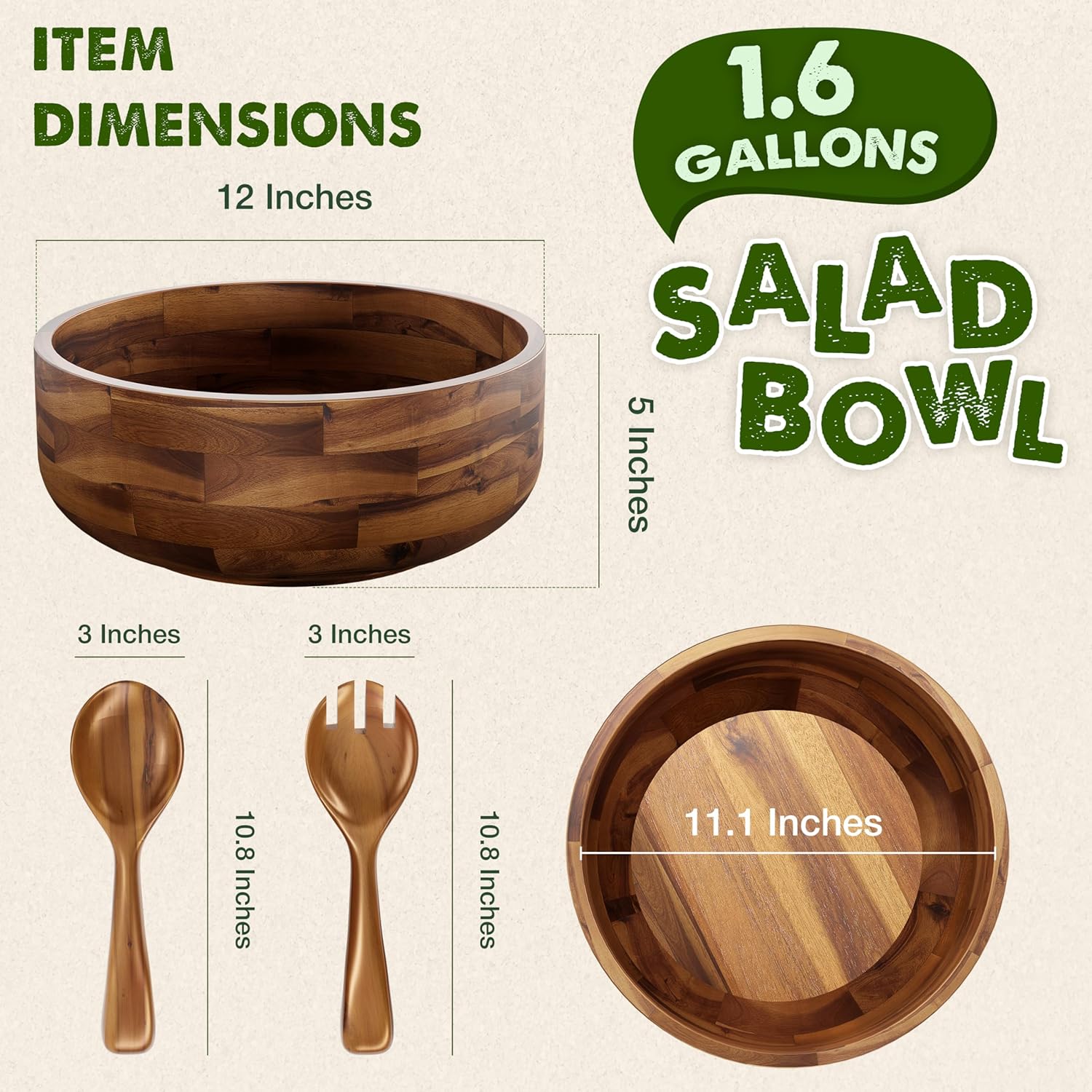 12" Salad Bowl Set with 2 Wooden Hands - Large Acacia Wood Serving Bowl with Serving Utensils - Big Mixing Bowl for Fruits, Salad,Pasta for Kitchen Counter (12" Diameter x 4.5" Height) - Image 3