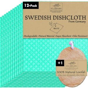 [12Pack+1Loofah Dish Sponge] 100% Natural Biodegradable Swedish Dishcloths for Kitchen | No-Discoloration, No-Odor, Super Absorbent Dish Sponge | Paper Towel Replacement.