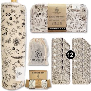 Reusable Paper Towels with Wash Bag | Ginger Beige 12 x Washable Eco Friendly Paperless Paper Towels Napkins Cloth Kitchen Washable Reusable Paper Towel (Ginger – Botanical)