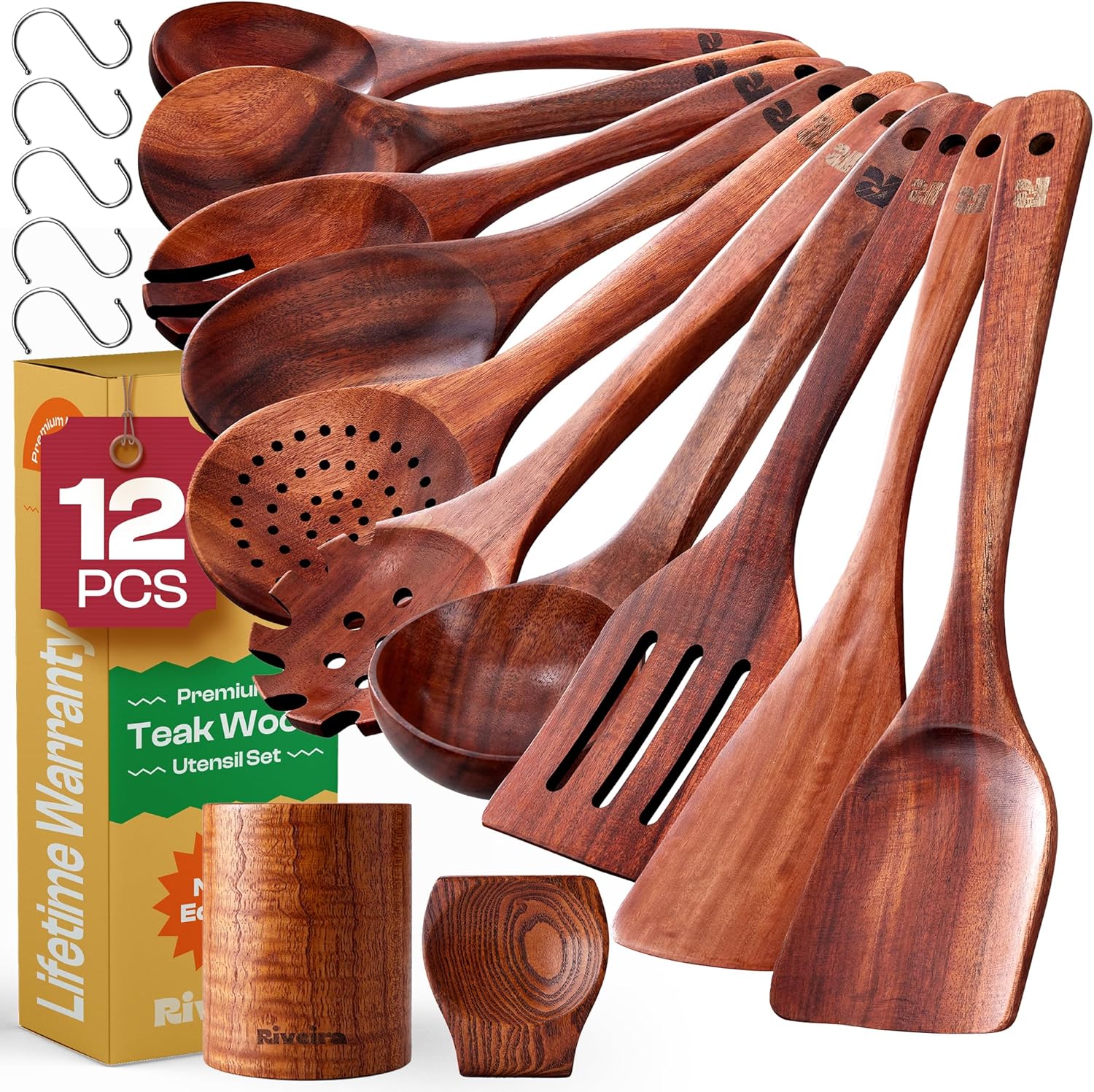 Riveira Dark Teak Kitchen Utensils Set - 12-Piece Non-Toxic Cooking Utensils Set - Wooden Spoons for Cooking - Spatula for Cooking - Teak Wooden Utensils - Image 2