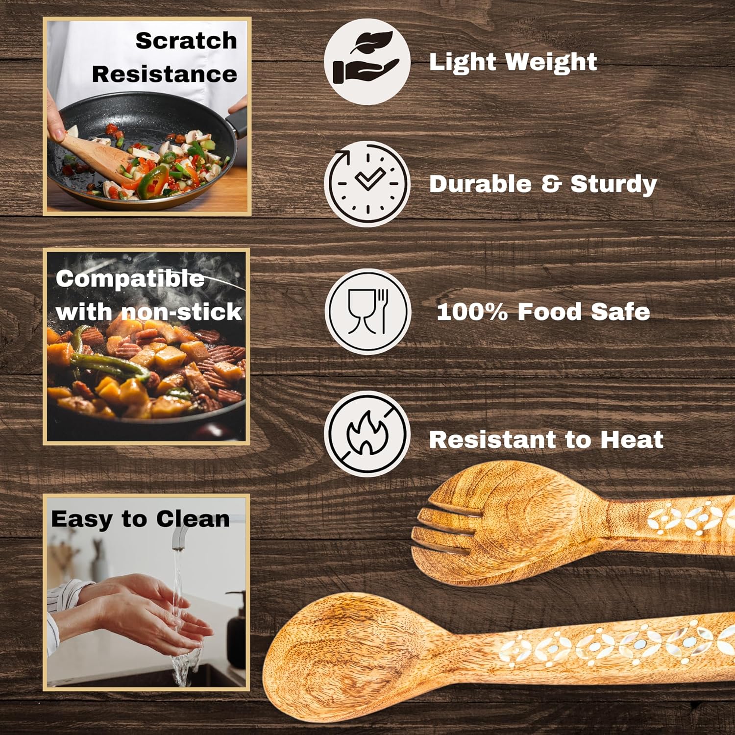 Salad Spoon Set 13 inches Tongs Serving Utensils Set,Acacia Salad Spoon and Fork Set Long Handle Salad Server Set Wood Serving Utensils - Image 5