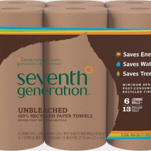 Seventh Generation Unbleached Paper Towels, 100% Recycled Paper, 6 Count, Pack of 4