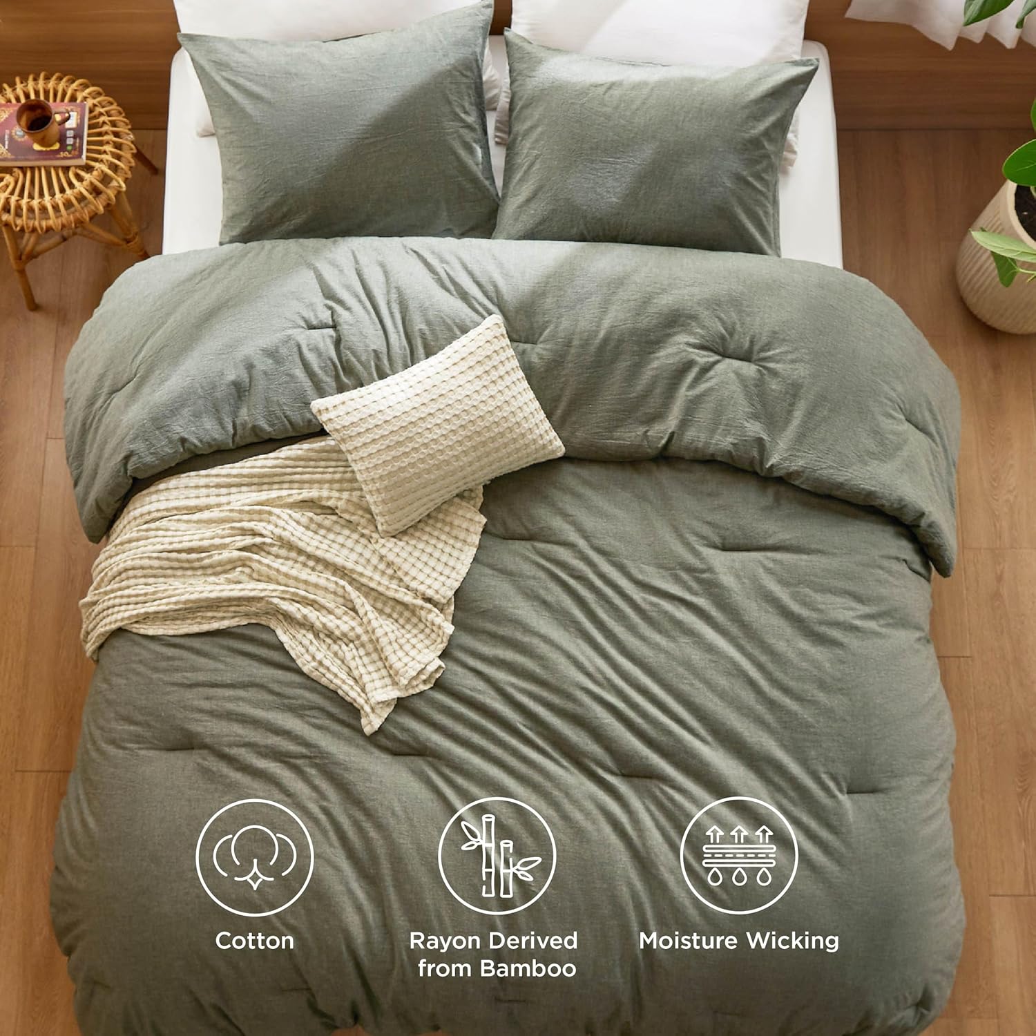 Bedsure 5 Pieces Cotton Comforter Set with Cotton Waffle Throw Blanket - Olive Green Queen Comforter, Pillow Shams, Beige Cooling Blanket of Rayon Derived from Bamboo for Hot Sleepers, Throw Pillow - Image 2