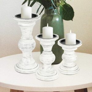 Candle Stands Wooden for Pillar Candles,Rounded Turned Colums, Sustainable Woods, Country Style, Ideal for Reiki, Aromatherapy, Votive Candle Gardens Home décor – 10,8,6 Inch Set of 3 – Antique White
