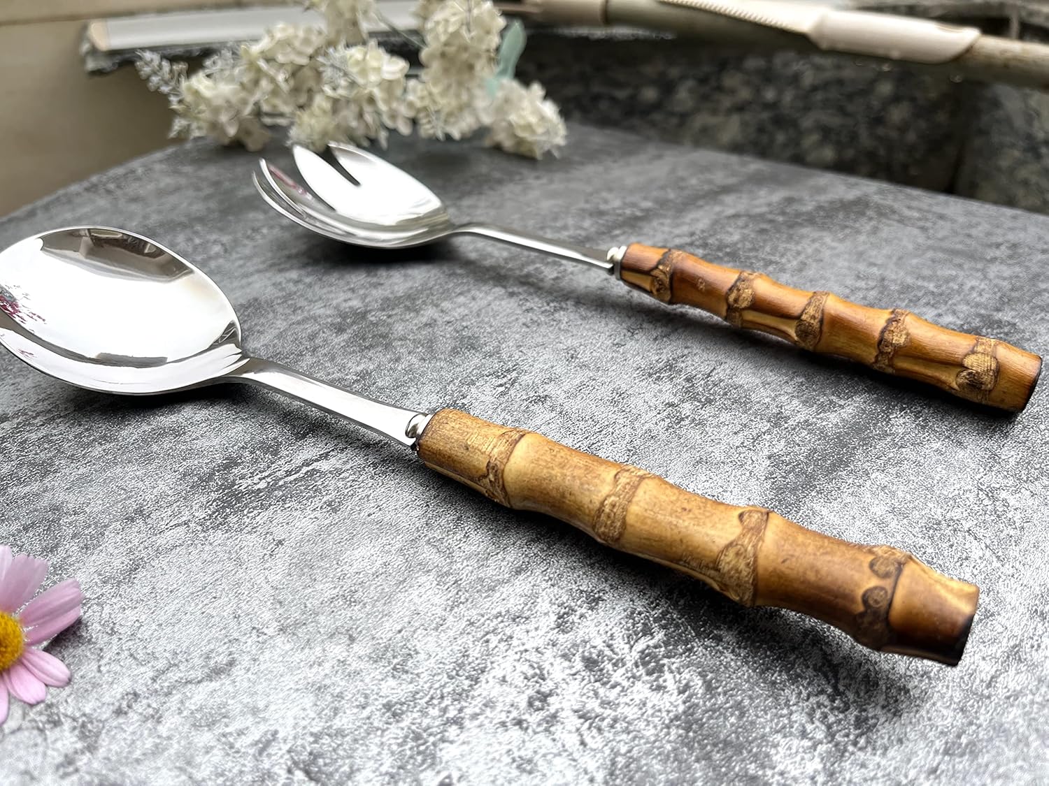 Nature Real Bamboo Handle Serving Set 10 inch Salad Spoon and fork 2-Piece Set Stainless Steel 18/10 Kitchen Utensils Matte Silver - Image 4