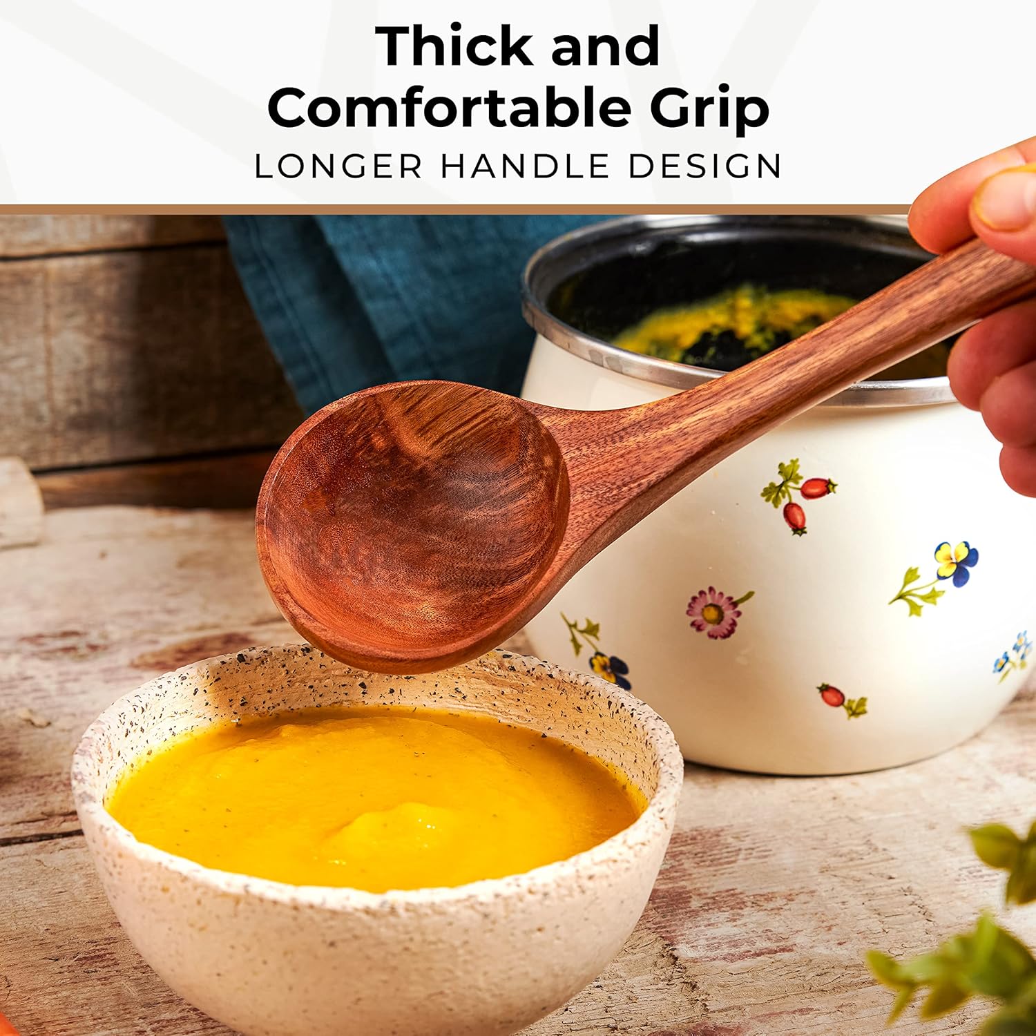 Wooden Ladle for Cooking, Soup Spoon Ladle – Teak Wooden Serving Spoon, 12.4″ Handle, Medium Scoop Size 2 oz – Eco Friendly, Natural and Sustainable - Image 3