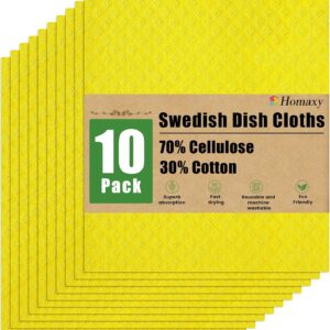Homaxy Swedish Dishcloths for Kitchen, 10 Pack Reusable and Washable Cellulose Sponge Cloths Dish Towels, Absorbent and No Odor Paper Towels for Dishes ＆ Counters, Yellow