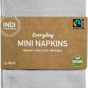 Indi by Kishu Baby – Fairtrade Certified 100% Organic Cotton Muslin Washable Mini Cloth Napkin Sets – Set of 12 Soft Reusable Napkins for All Occasions (Cool Gray)