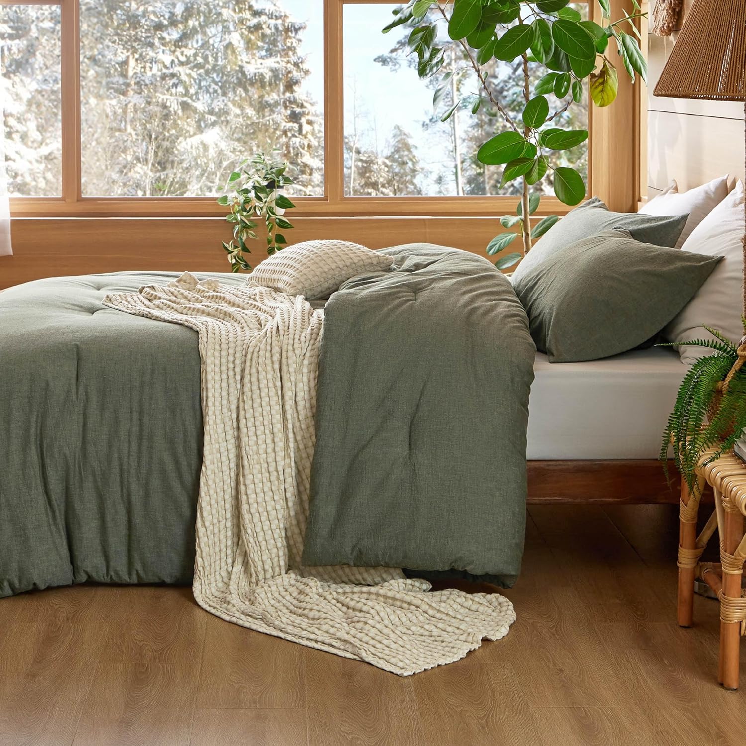 Bedsure 5 Pieces Cotton Comforter Set with Cotton Waffle Throw Blanket - Olive Green Queen Comforter, Pillow Shams, Beige Cooling Blanket of Rayon Derived from Bamboo for Hot Sleepers, Throw Pillow - Image 6