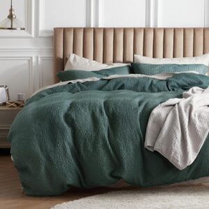 Bedsure Cotton Duvet Cover King – 100% Cotton Waffle Weave Forest Green Duvet Cover King Size, GentleSoft™ and Breathable Bedding Set for All Season, 3 Pieces, 104″x90″