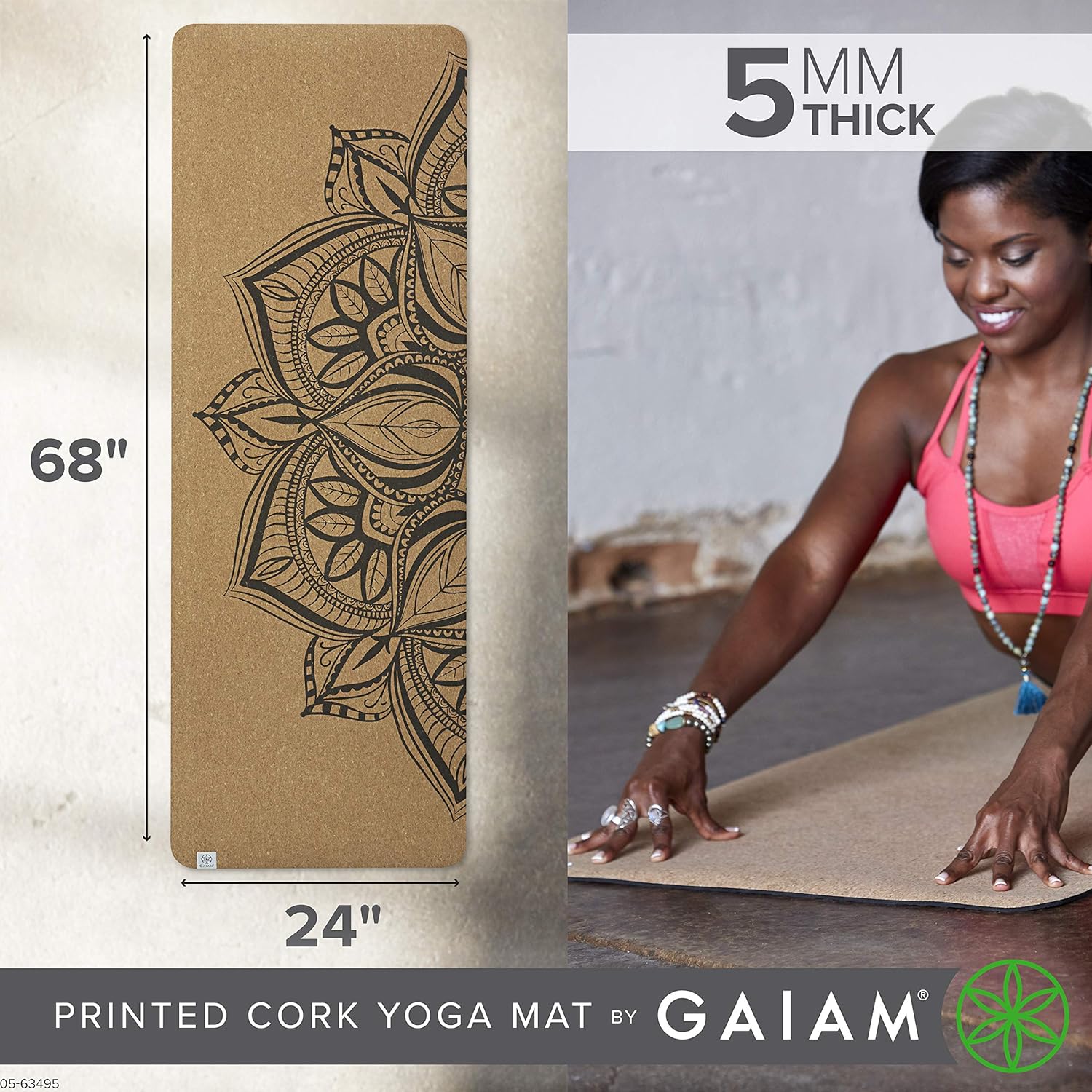 Gaiam Cork Yoga Exercise Mat | Natural Sustainable Cork Resists Sweat and Odors | Non-Slip TPE Backing Prevents Slipping| Great for Hot Yoga, Pilates, Fitness Working Out (68" x 24"x 5mm Thick) - Image 4