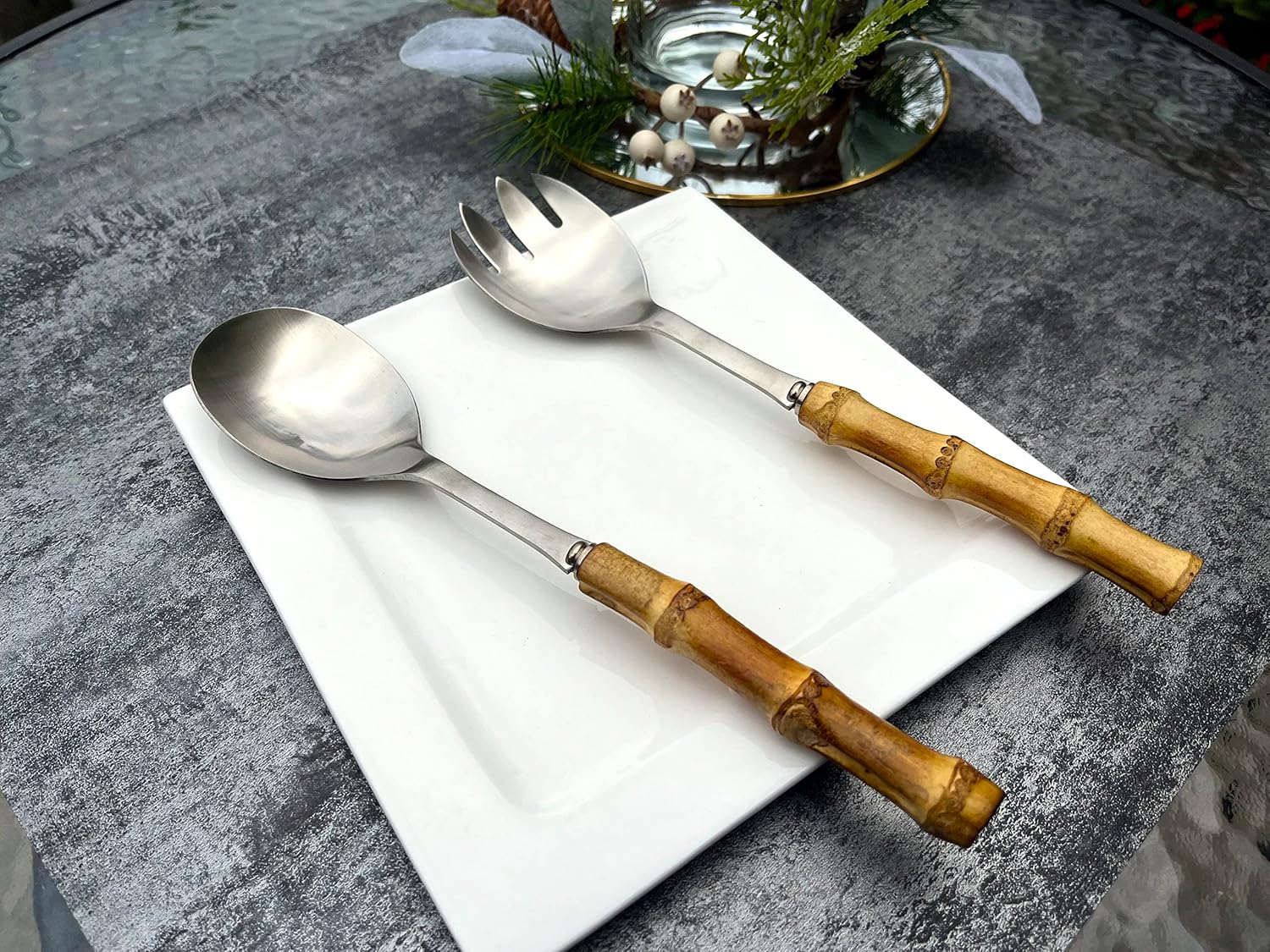 Nature Real Bamboo Handle Serving Set 10 inch Salad Spoon and fork 2-Piece Set Stainless Steel 18/10 Kitchen Utensils Matte Silver - Image 2