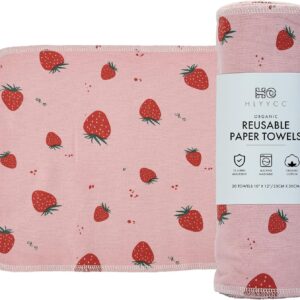 Reusable Paper Towel Rolls 20 Pack,Washable Napkin Cloth Value Set of 20 Pack of Paperless Towel-100% Cotton, Super Soft, Absorbent Made to Last (Strawberry jam, 9.84 * 11.81)
