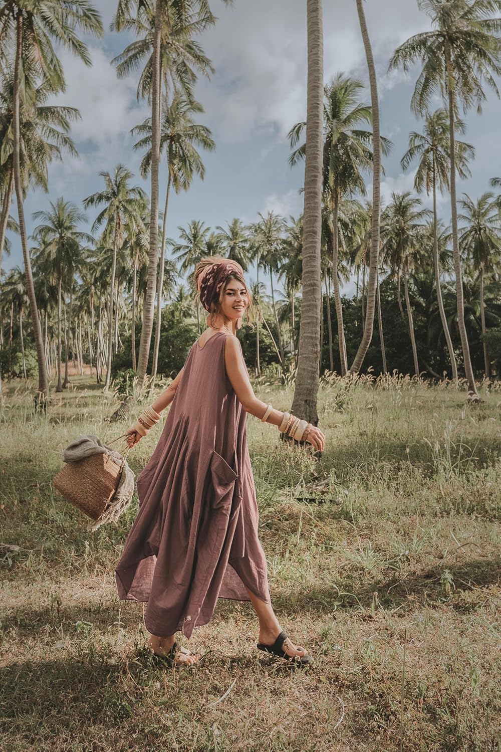 Women's Boho Cotton Sleeveless Dress Casual Loose Fit Maxi Dress with Big Pockets Fair Trade Light Summer Sundress - Image 4