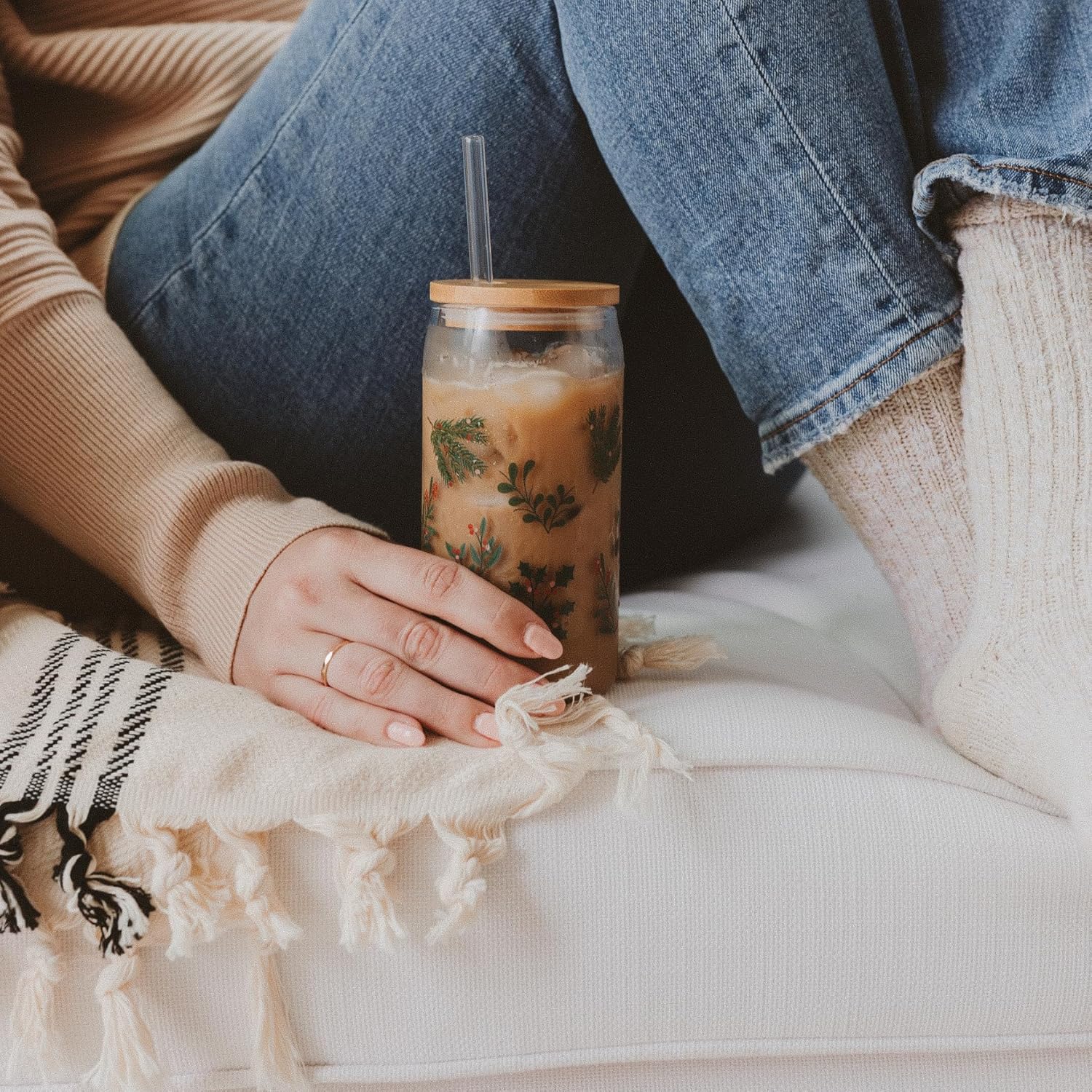 Sweet Water Decor Greenery Can Glasses with Lid and Straw Christmas Stocking Stuffers - Christmas Glasses Drinkware with Bamboo Lid for Iced Coffee & Cocktails - Christmas Themed Gifts Glass Can - Image 2