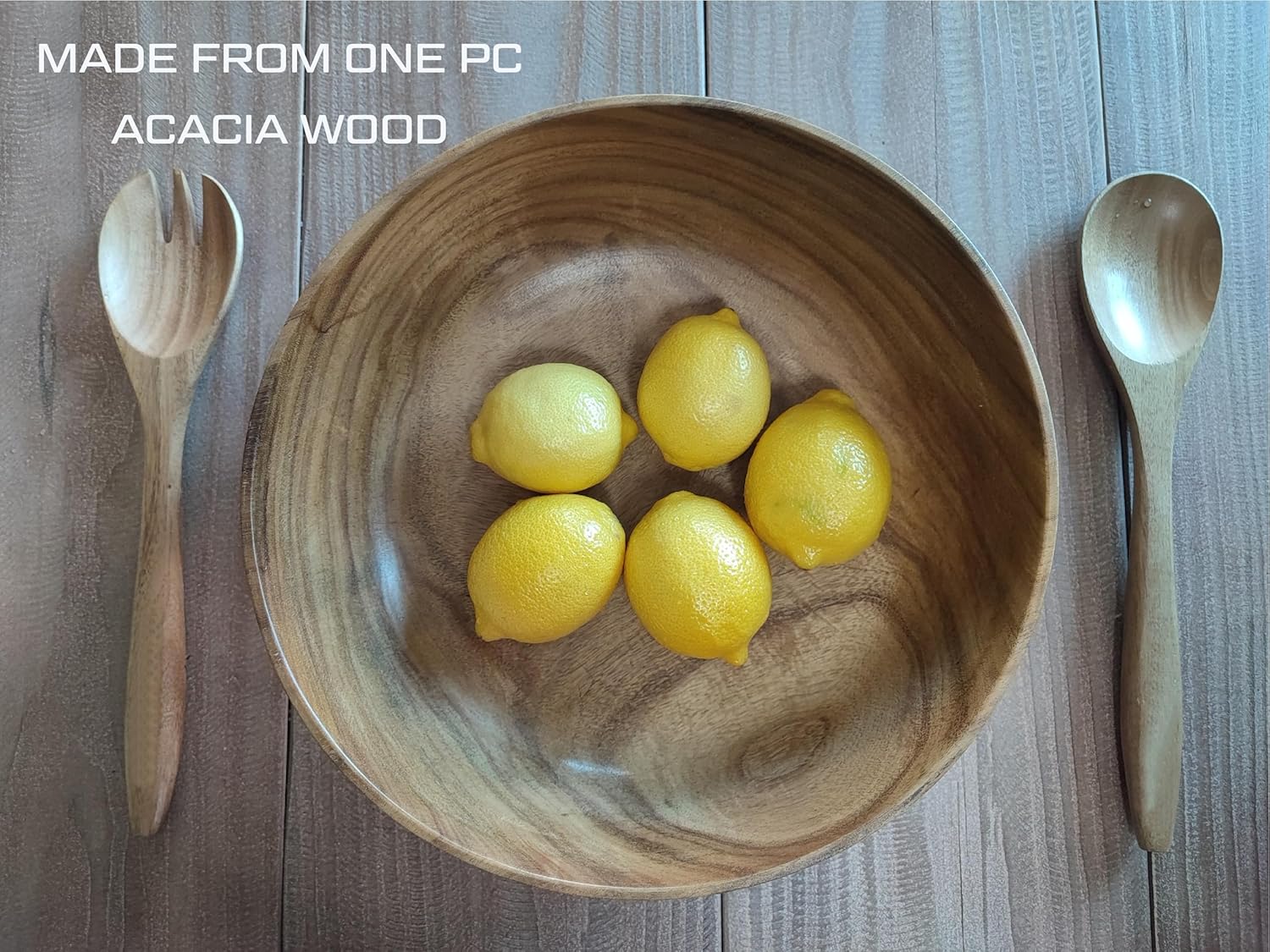 11.5 inches Acacia Wood Salad Bowl Set with 1 set spoon and fork, in a gift box, made from one pc solid acacia wood, made in Vietnam. - Image 5