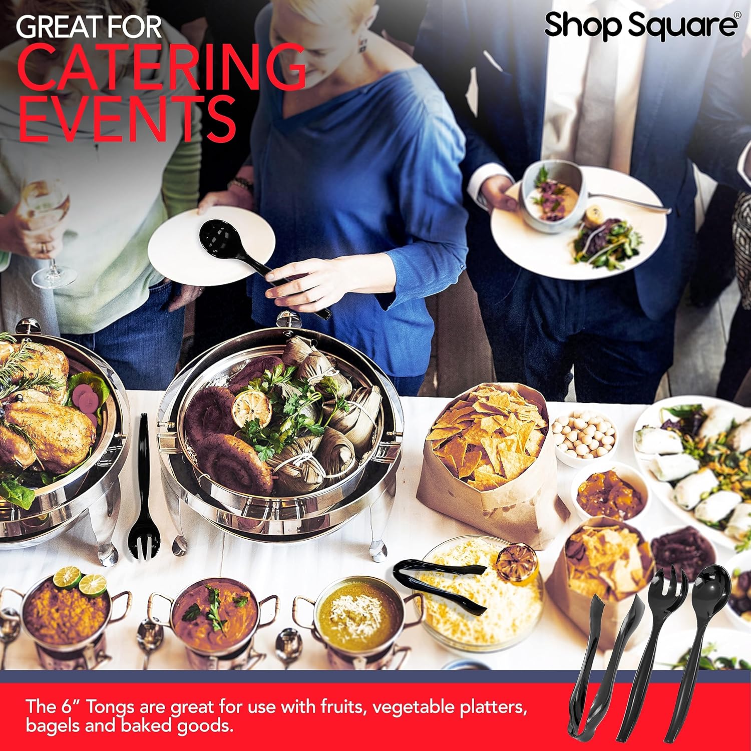 Disposable Plastic Serving Utensils - Set of 18 Black Plastic Utensils, 6 Each 6" Serving Tongs, 10” Serving Spoons, 10” Serving Forks, Buffet Serving Utensils, Party Utensils - Image 7