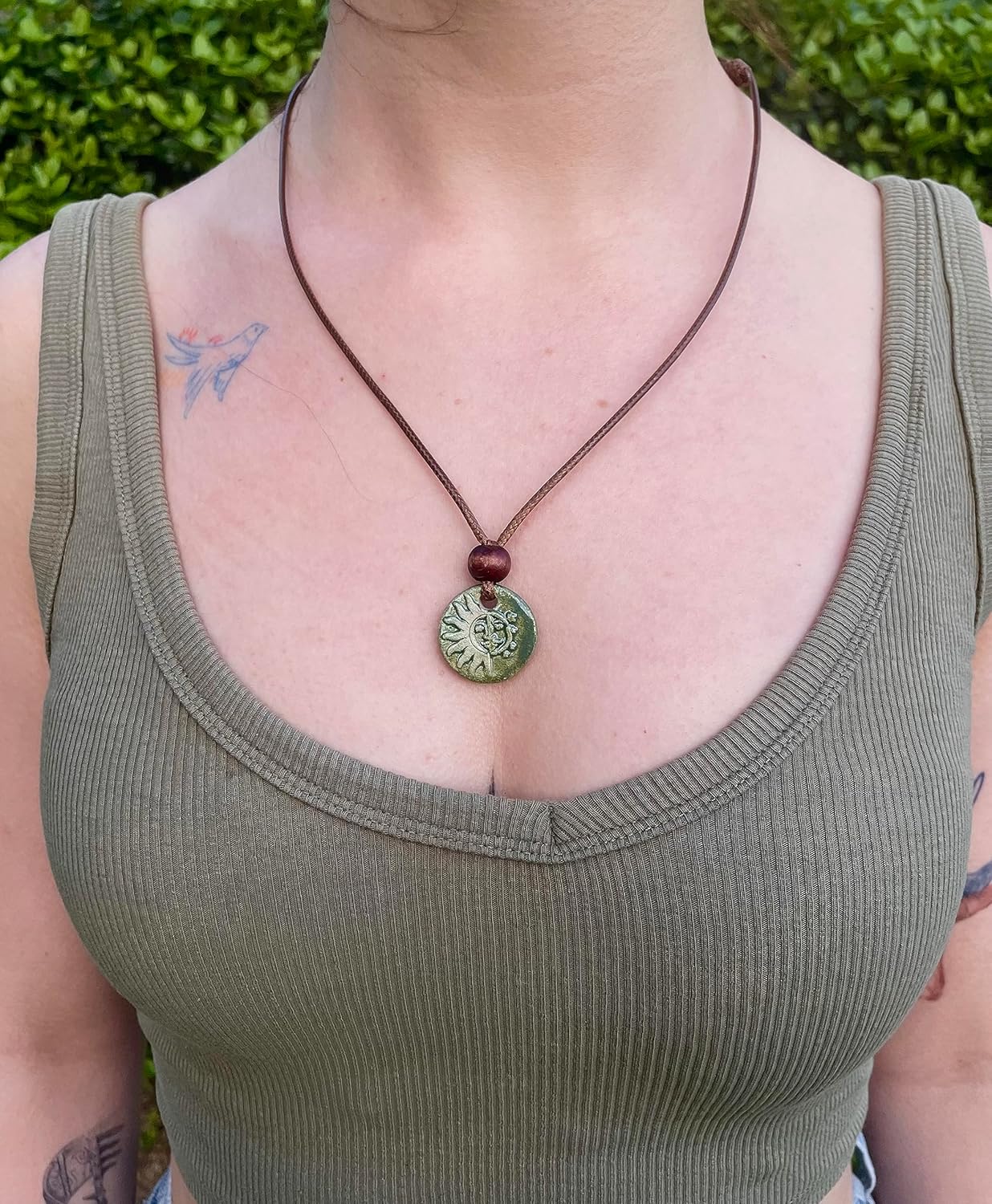 The Sun and the Moon - Green Handmade Ceramic Pendant Necklace, Adjustable Cord, for Unisex, Women, Men, Bohemian, Rustic, Vintage Style Jewelry - Image 4