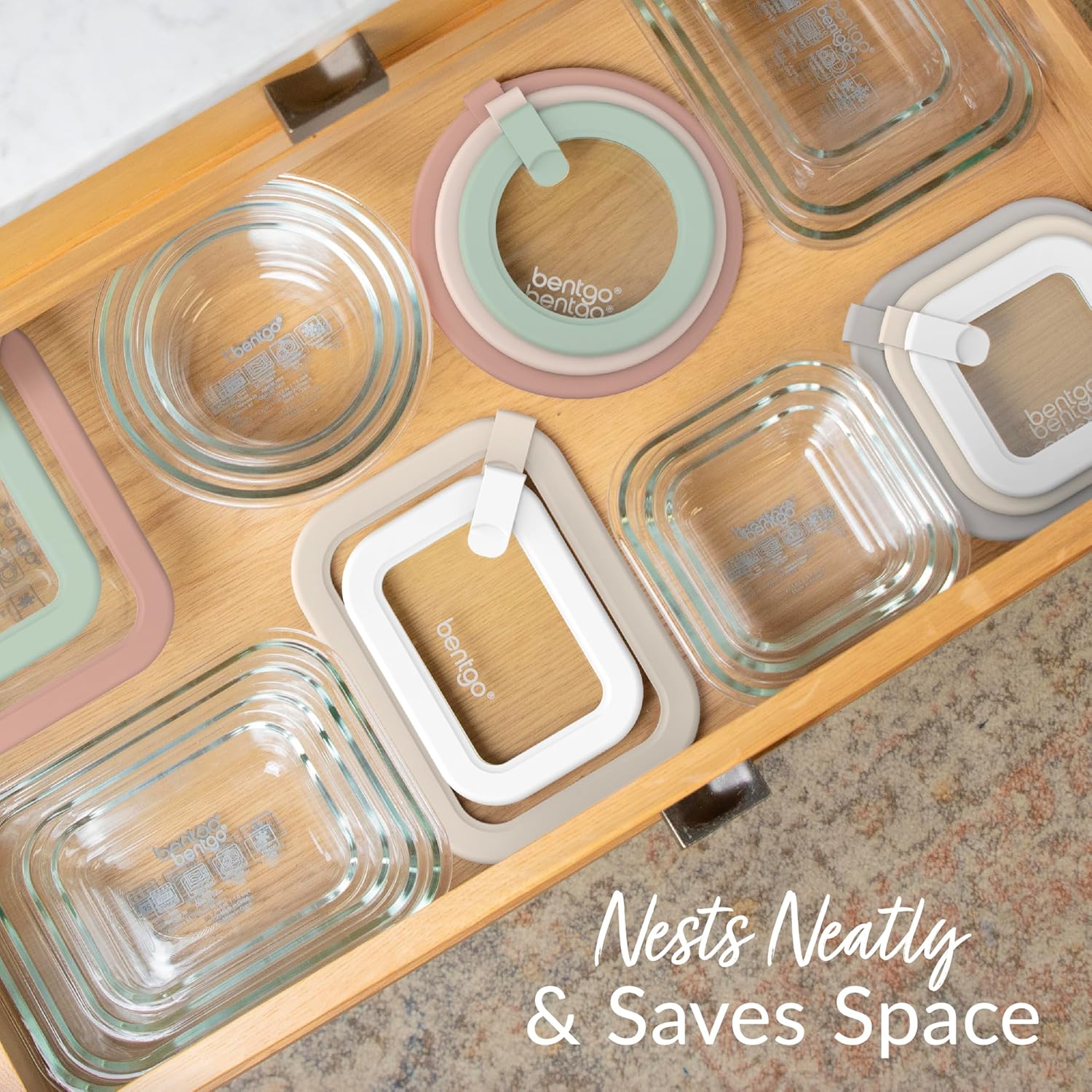 Bentgo Signature Leak-Proof Glass Food Storage - 4-Piece Set, 1-Compartment Plastic-Free Containers with Airtight Glass Lids, BPA-Free, Microwave, Freezer, Oven & Dishwasher Safe (White Stone) - Image 6