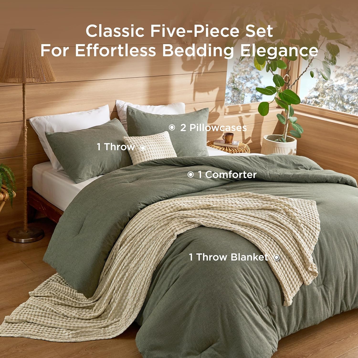 Bedsure 5 Pieces Cotton Comforter Set with Cotton Waffle Throw Blanket - Olive Green Queen Comforter, Pillow Shams, Beige Cooling Blanket of Rayon Derived from Bamboo for Hot Sleepers, Throw Pillow - Image 5