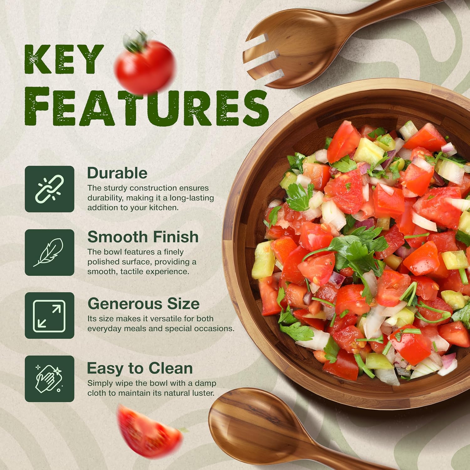 12" Salad Bowl Set with 2 Wooden Hands - Large Acacia Wood Serving Bowl with Serving Utensils - Big Mixing Bowl for Fruits, Salad,Pasta for Kitchen Counter (12" Diameter x 4.5" Height) - Image 5