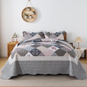 HoneiLife Queen Size Quilt Set – 3 Pieces – Grey Border Microfiber Bedding Set – Lightweight, Reversible Coverlets, Floral Bedding – All Season Quilts