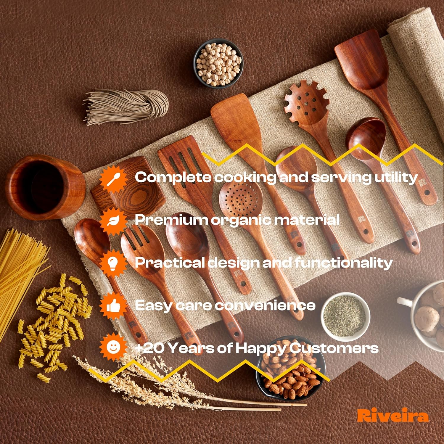 Riveira Dark Teak Kitchen Utensils Set - 12-Piece Non-Toxic Cooking Utensils Set - Wooden Spoons for Cooking - Spatula for Cooking - Teak Wooden Utensils - Image 8