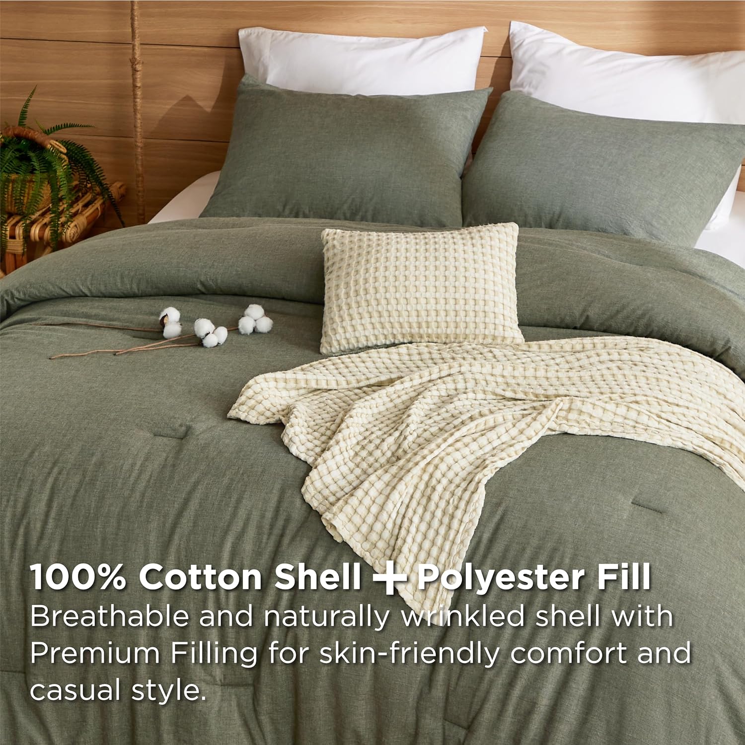 Bedsure 5 Pieces Cotton Comforter Set with Cotton Waffle Throw Blanket - Olive Green Queen Comforter, Pillow Shams, Beige Cooling Blanket of Rayon Derived from Bamboo for Hot Sleepers, Throw Pillow - Image 3
