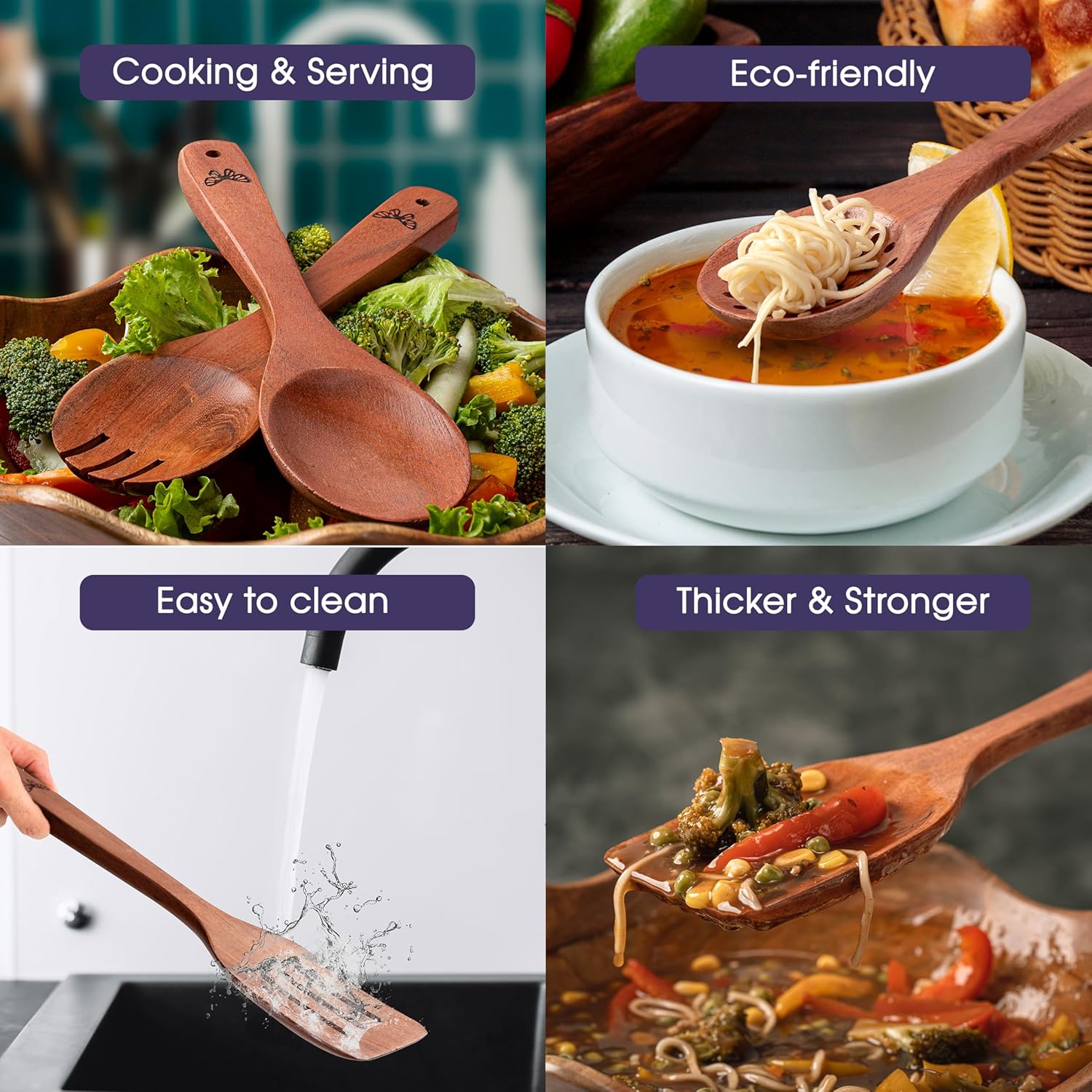 Wooden Kitchen Cooking Utensils Set | 9 Piece Spatula Set with Spoon Rest, Holder & 7 Hooks | Acacia Wood Non Toxic Serving Spoons - Image 4