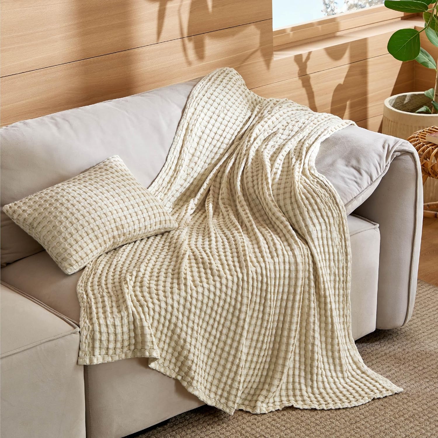 Bedsure 5 Pieces Cotton Comforter Set with Cotton Waffle Throw Blanket - Olive Green Queen Comforter, Pillow Shams, Beige Cooling Blanket of Rayon Derived from Bamboo for Hot Sleepers, Throw Pillow - Image 4