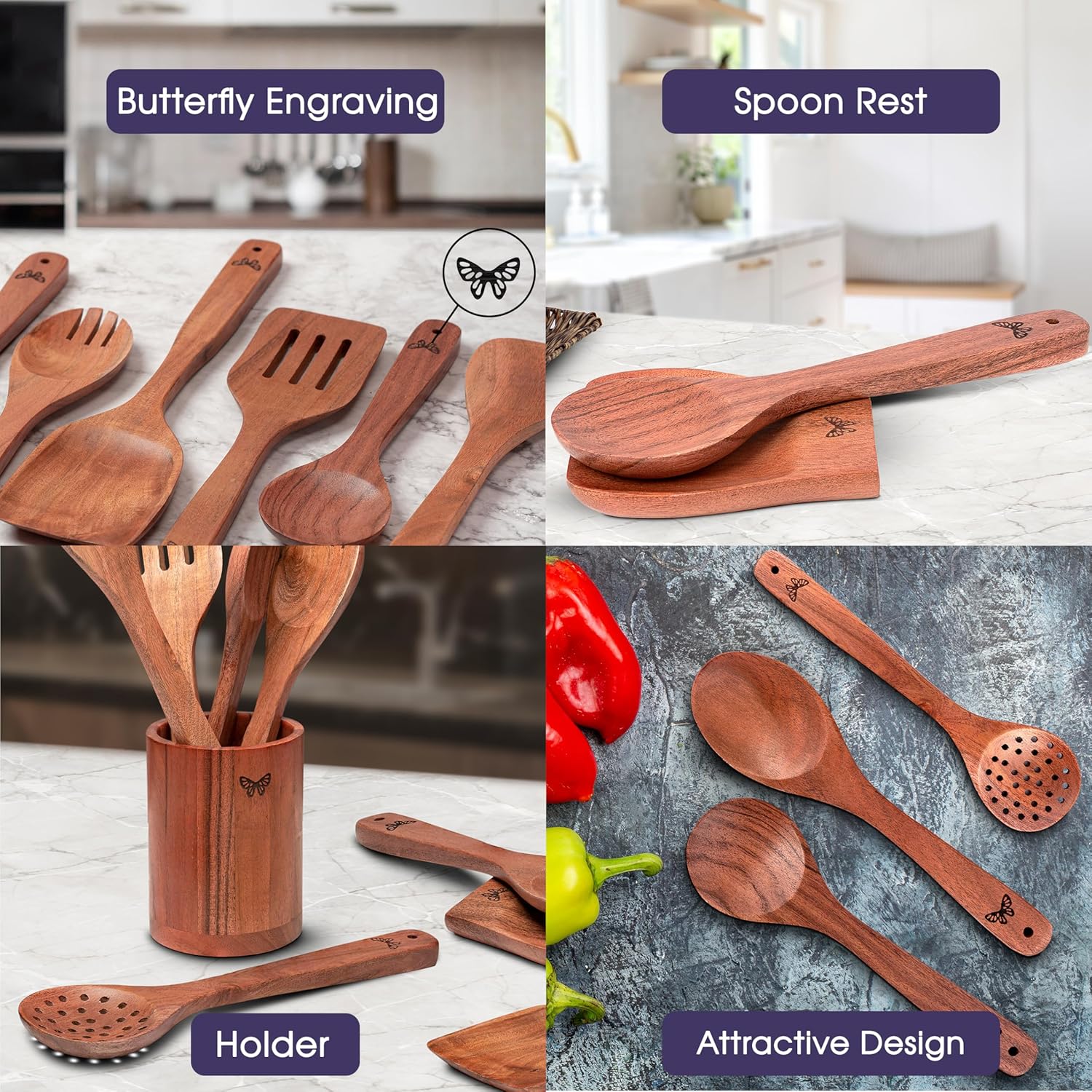 Wooden Kitchen Cooking Utensils Set | 9 Piece Spatula Set with Spoon Rest, Holder & 7 Hooks | Acacia Wood Non Toxic Serving Spoons - Image 5