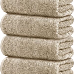 Tens Towels Pack of 4 Extra Large Bath Towels 30 x 60 Inches, 100% Cotton, Larger & Lighter Weight, Quicker to Dry, Super Soft and Absorbent, Perfect for Bathroom, Beige