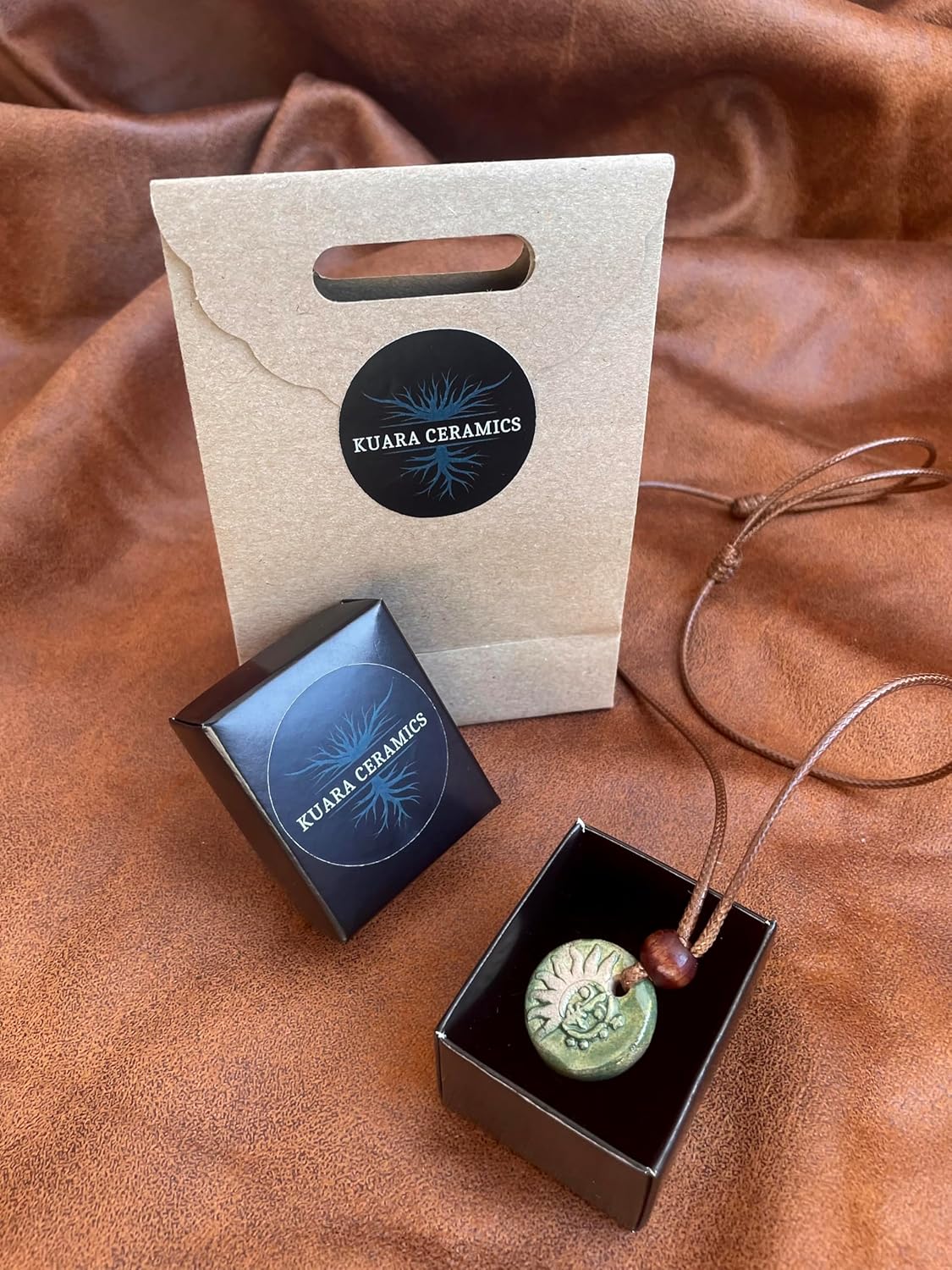 The Sun and the Moon - Green Handmade Ceramic Pendant Necklace, Adjustable Cord, for Unisex, Women, Men, Bohemian, Rustic, Vintage Style Jewelry - Image 7