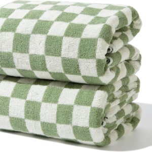 Indulge in Luxury with Checkered Bath Towels – 100% Cotton, Super Soft & Absorbent, Fade-Resistant, Cozy, and Perfect for Gifting (2 Towels) (Green)