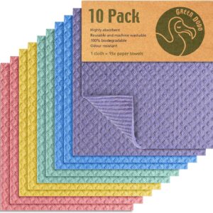 Dodo Swedish Dishcloths – 10 Pack – Eco Friendly Biodegradable & Sustainable Sponge Kitchen Cloth – Absorbent & Odour Free – Paper Towel Alternative