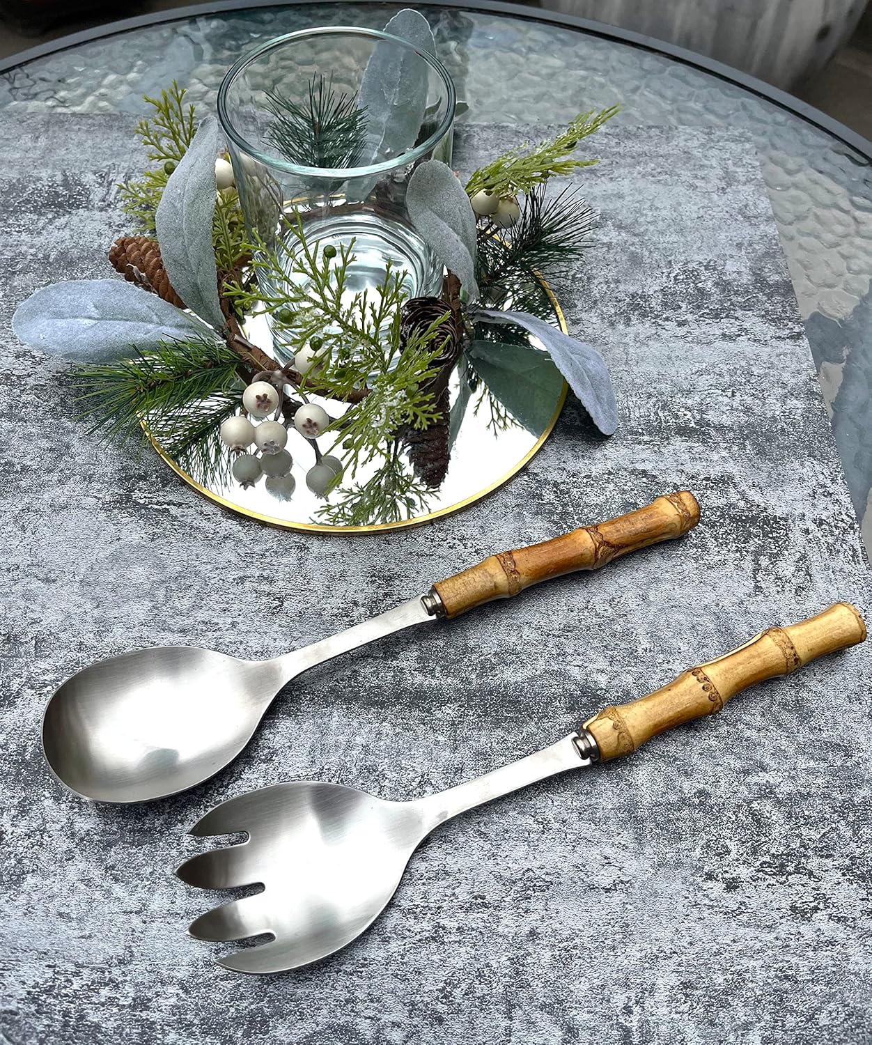 Nature Real Bamboo Handle Serving Set 10 inch Salad Spoon and fork 2-Piece Set Stainless Steel 18/10 Kitchen Utensils Matte Silver - Image 3