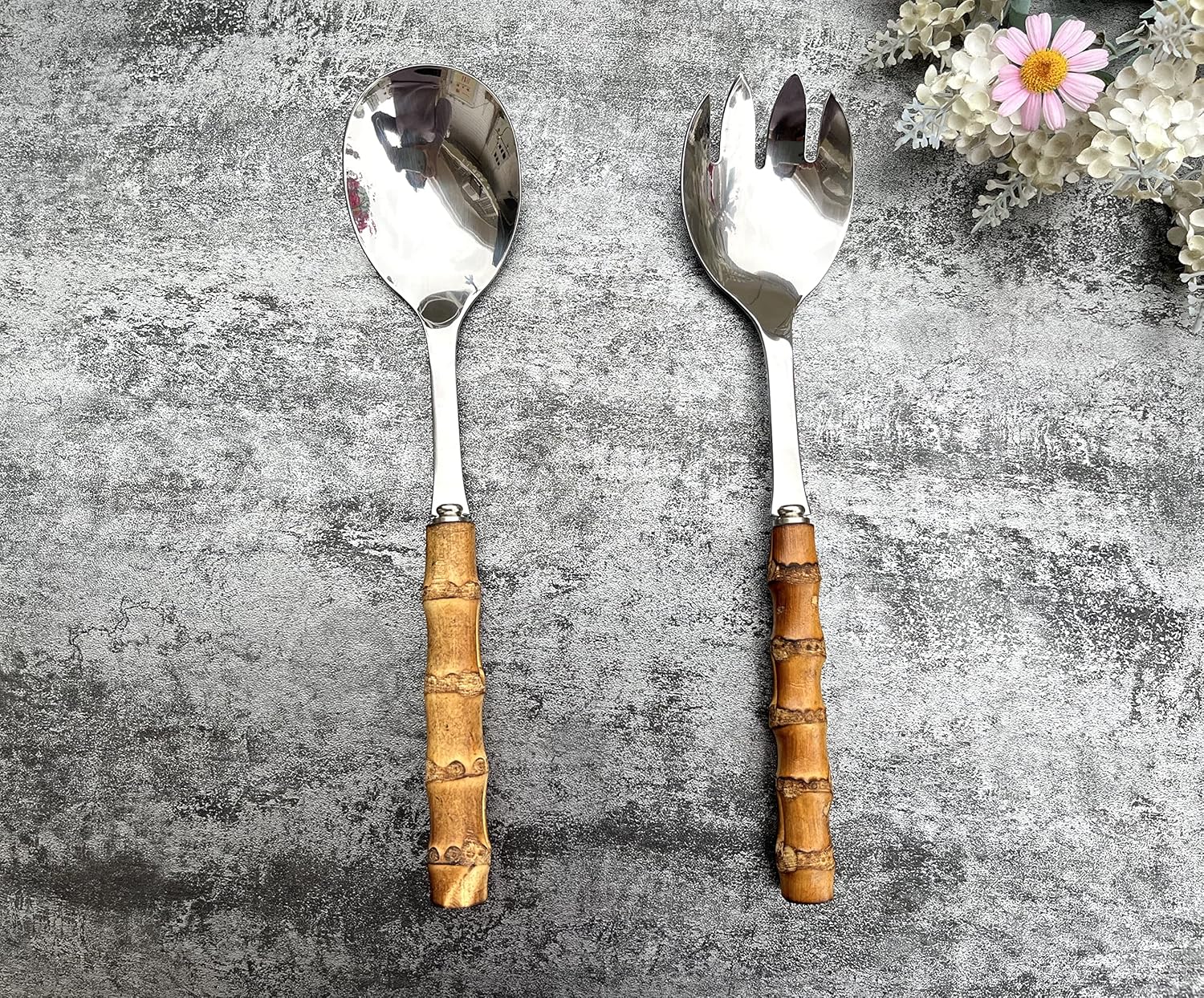 Nature Real Bamboo Handle Serving Set 10 inch Salad Spoon and fork 2-Piece Set Stainless Steel 18/10 Kitchen Utensils Matte Silver - Image 5