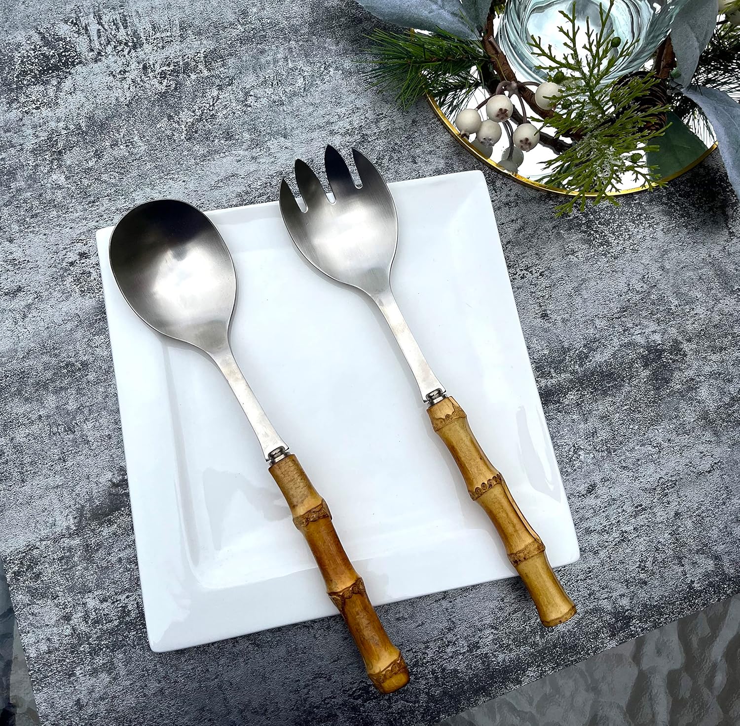 Nature Real Bamboo Handle Serving Set 10 inch Salad Spoon and fork 2-Piece Set Stainless Steel 18/10 Kitchen Utensils Matte Silver - Image 8