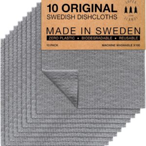 SUPERSCANDI 10 Pack Swedish Dishcloths for Kitchen – 100% Biodegradable & Compostable Reusable Paper Towels Washable, Food-Safe & Without Plastic – Dish Rags Suitable for Any Surface, Grey